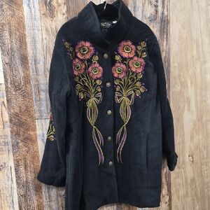 2 JACKETS 1X Embroidered Floral Black Jacket & Red Zip Front Fleece Jacket